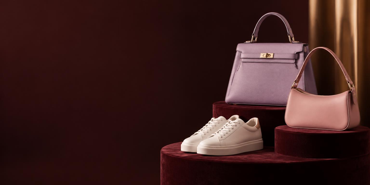 Tas lavender, tas bahu mini, dan sneakers putih di atas podium beludru